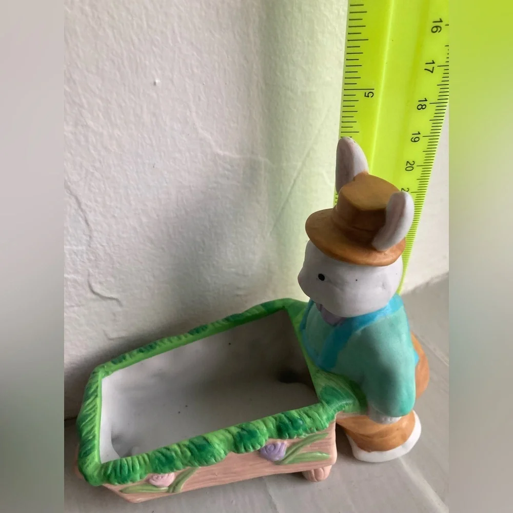 Ceramic Easter Bunny Rabbit Pushing Wheelbarrow